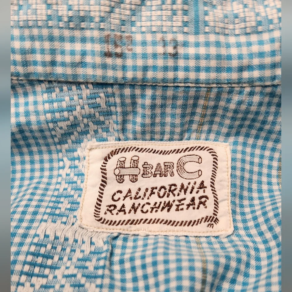 Vintage H Bar C 50s Men's Cotton Gingham Check Pearl Snap Long Sleeve 15.5 - 33 - Picture 6 of 10